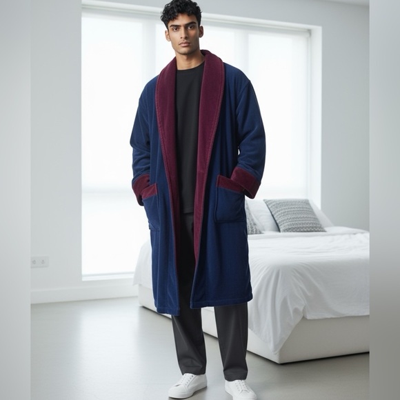 Nautica Shawl Robe Navy Burgundy Belted Terry Cloth One Size Loungewear - Picture 7 of 8